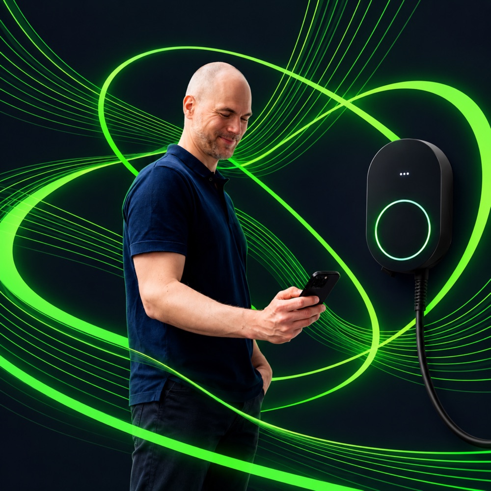 Man met telefoon bij zijn laadpaal